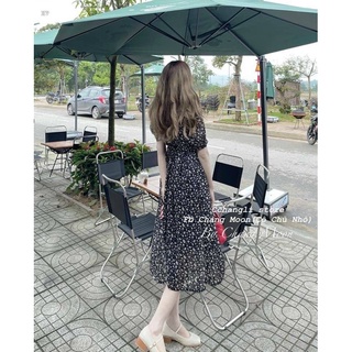 ĐẦM MIDI HOA ĐEN CỔ TRẮNG NHỌN
