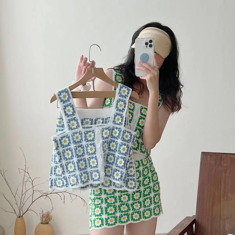 Bộ Áo Tank Top Khoét Lỗ + Chân Váy Phong Cách Boho Thời Trang Mùa Hè Cho Nữ