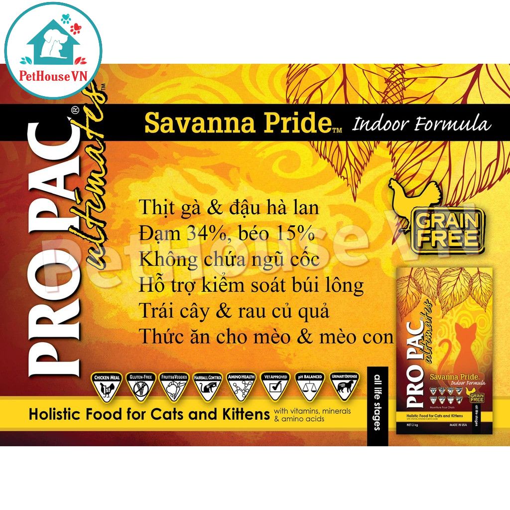 PROPAC SAVANNA PRIDE - Túi 6KG Thức Ăn Hạt Cho Mèo Và Mèo Con Vị Gà & Đậu Hà Lan Hàng Chính Hãng