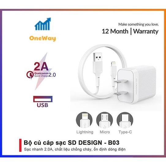 (XẢ KHO) Bộ Củ + Cáp sạc B03 chính hãng đầy đủ chân sạc Lingtning, typeC, micro thích hợp cho tất cả thiết bị di động