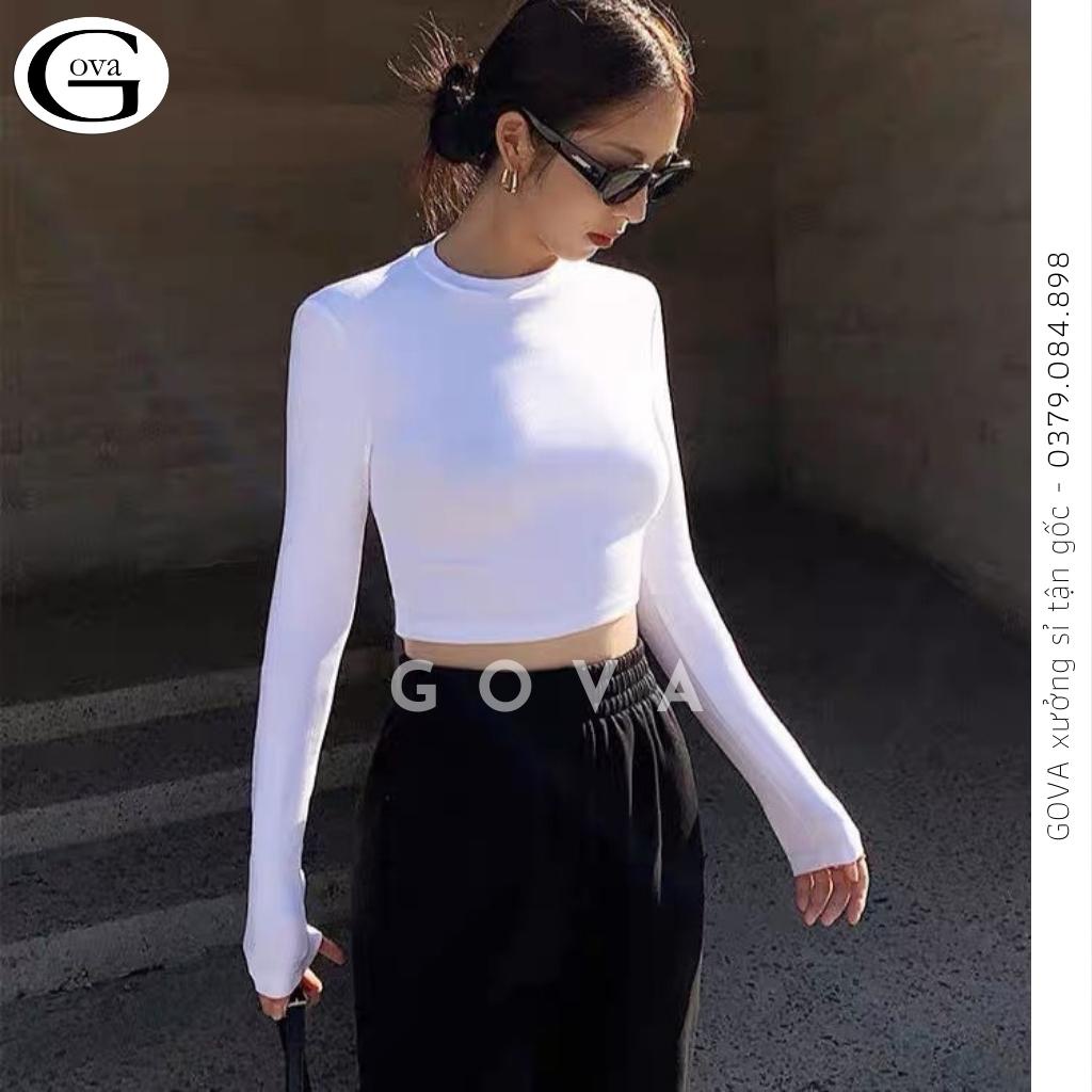Áo croptop cổ tròn trơn tay dài, Áo Body nữ ôm dáng Cho Nữ Gova