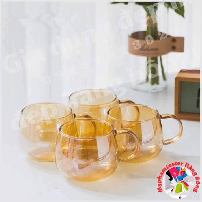 (HÀNG ĐẸP) Bộ bình và cốc trứng thủy tinh chịu nhiệt vàng hổ phách