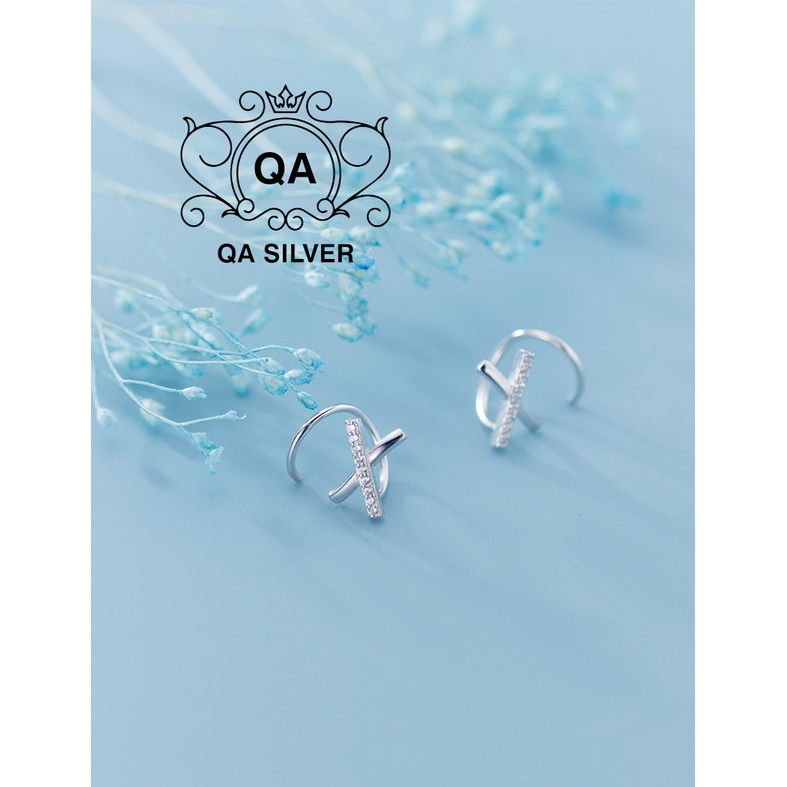 Khuyên tai bạc cuộn chữ X đính đá bông tai xoắn kẹp vành chéo S925 HELIX Silver Earrings QA SILVER EA200608