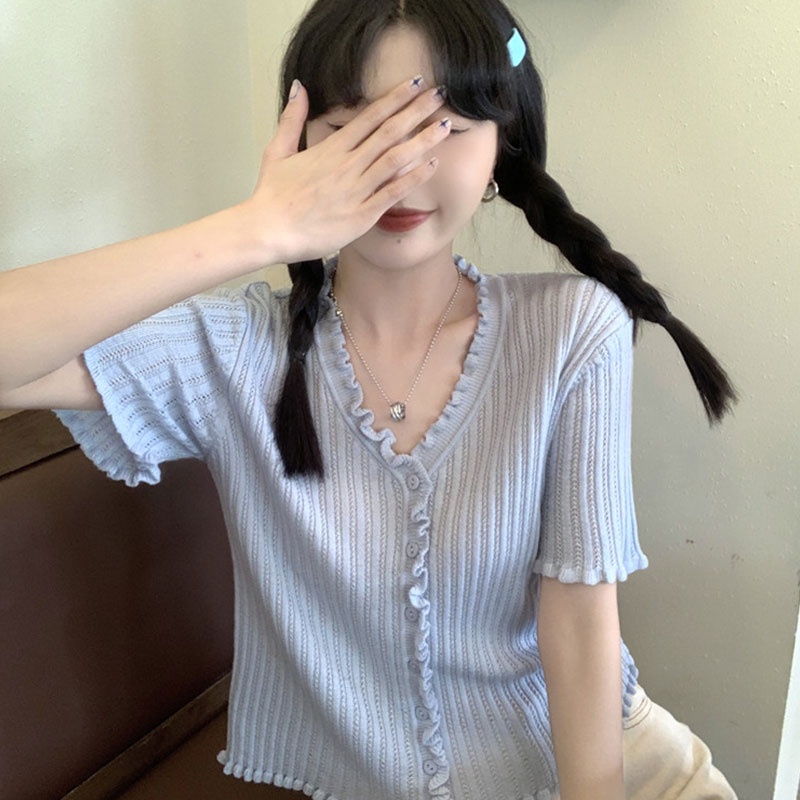 【ZHELIHANGFEI】 Áo Thun Cardigan Dệt Kim Lụa Lạnh Mỏng Tay Ngắn Cổ Chữ v Thời Trang Mùa Hè 2022 Phong Cách Mới Ngọt Ngào Cho Nữ