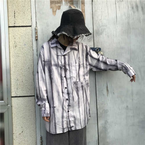 [Miễn Phí Vận Chuyển] Áo Sơ Mi Dài Tay 229609Áo Sơ Mi Dáng Rộng In Màu Nhuộm Kiểu Harajuku Cá Tính