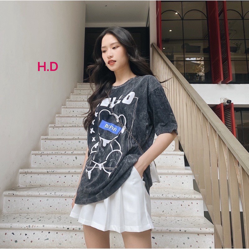 Áo phông nữ loang in hình gấu Hello' fomr thụng chất liệu cotton su (HD-T48)