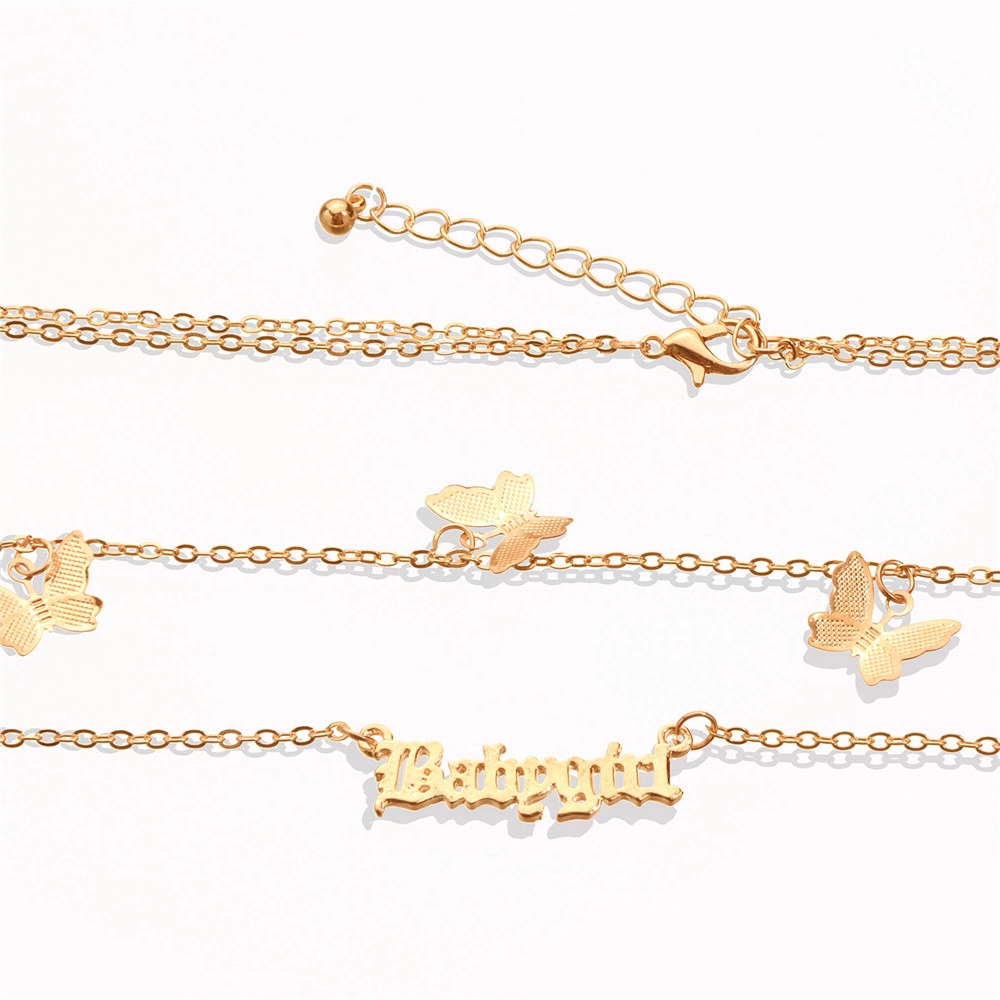 Trang sức dây chuyền 2 lớp mặt hình bướm và chữ cái thiết kế cổ điển thời trang cho nữ