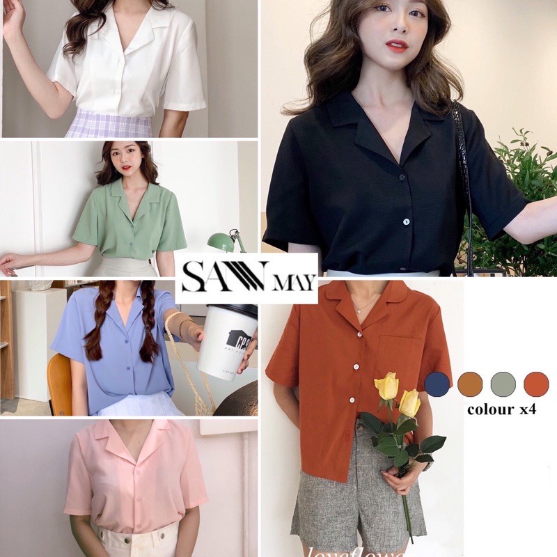 Áo sơ mi nữ Hàn Quốc form rộng SANJOLI Áo Sơ Mi công sở tay lỡ cộc tay kiểu đẹp, trắng đen nhiều màu cao cấp AO005