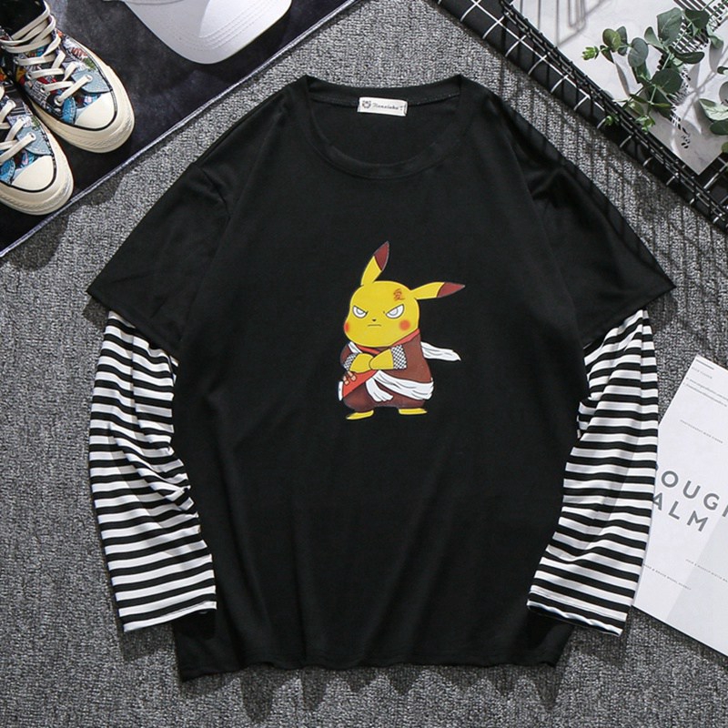 Áo thun giả 2 mảnh cổ tròn dài tay in hình Pikachu 2 màu trắng đen thời trang cho nam nữ