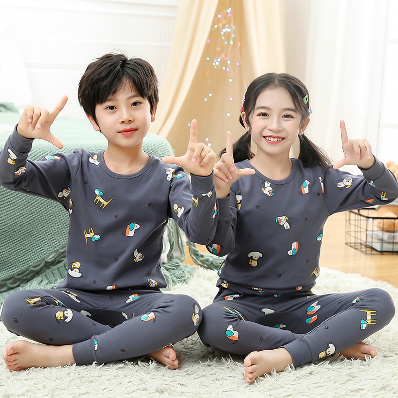 Set đồ ngủ tay dài chất liệu cotton phong cách Hàn Quốc thời trang mùa thu cho bé 3-14 tuổi
