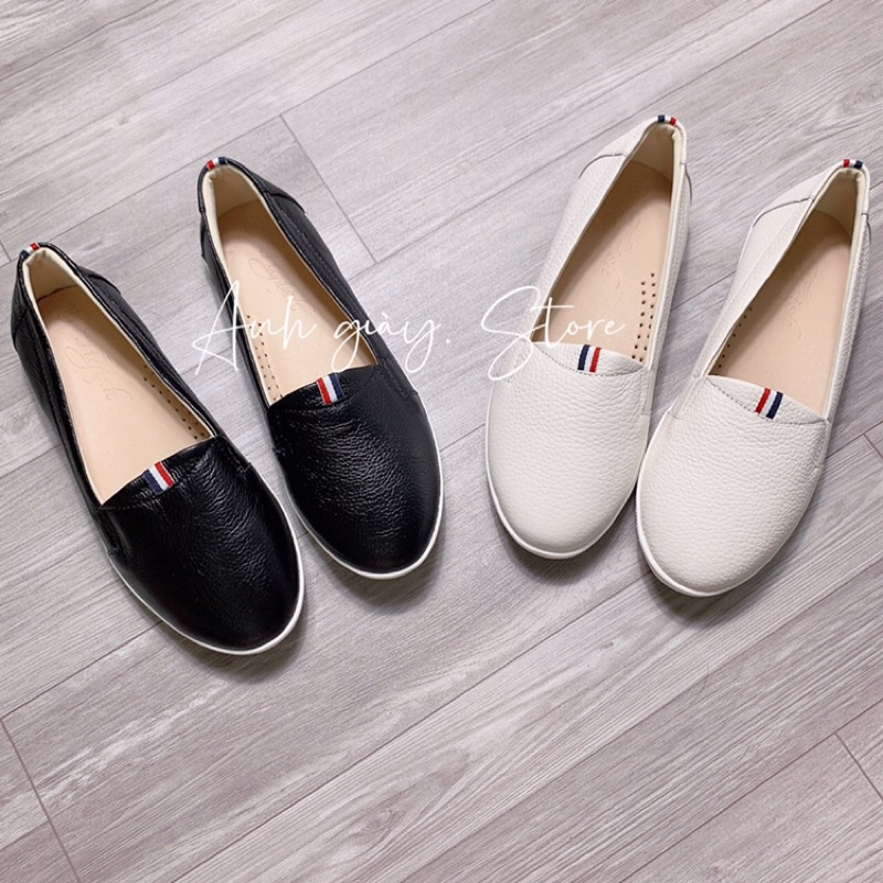 Giày slipon, giày nữ đế bằng mũi tròn da thật lót mút mềm êm hàng Việt Nam xuất khẩu, 2 màu đen ,trắng sữa đi học đi làm