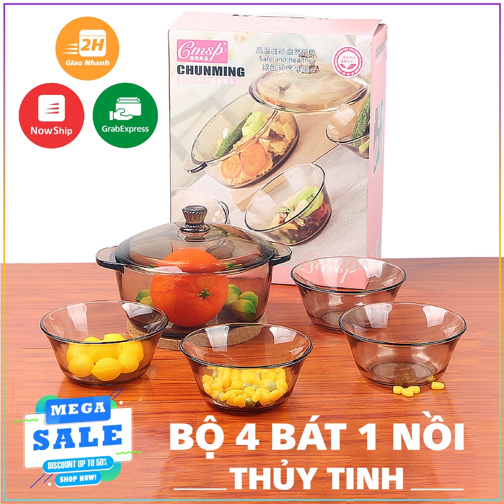 Bộ bát thủy tinh 5 món kèm nồi cực chất CHUNMING, Set 5 món thuỷ tinh cao cấp trộn salad, sữa chua hoa quả cực đẹp