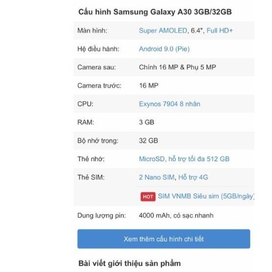 Điện thoại Samsung Galaxy A30 (3/32GB) Máy cũ - Chính hãng