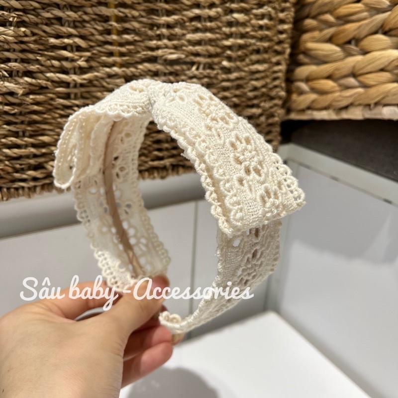 Bờm xước tóc turban vải ren hoa màu kem Hàn Quốc cho bé