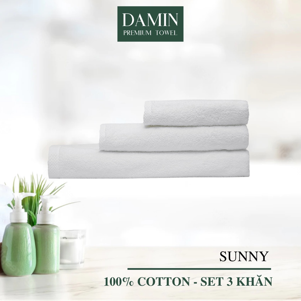 Bộ 3 khăn mặt, tắm, gội Damin Sunny 100% cotton - màu trắng
