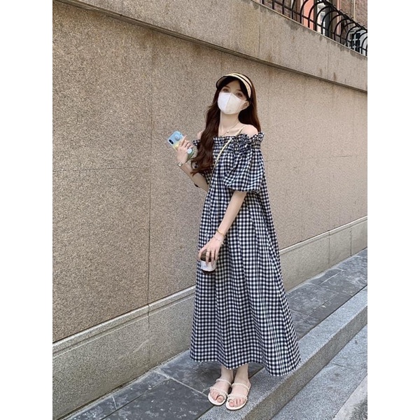 Váy kẻ trễ vai đi biển, dự tiệc thoải mái, dịu dàng che khuyết điểm 2022🛍🎀