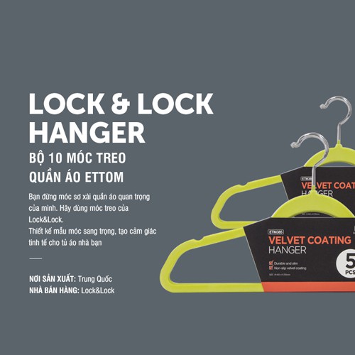 Móc treo quần áo chống trượt Lock&amp;Lock, bộ 5 chiếc, màu xanh lá ETM385