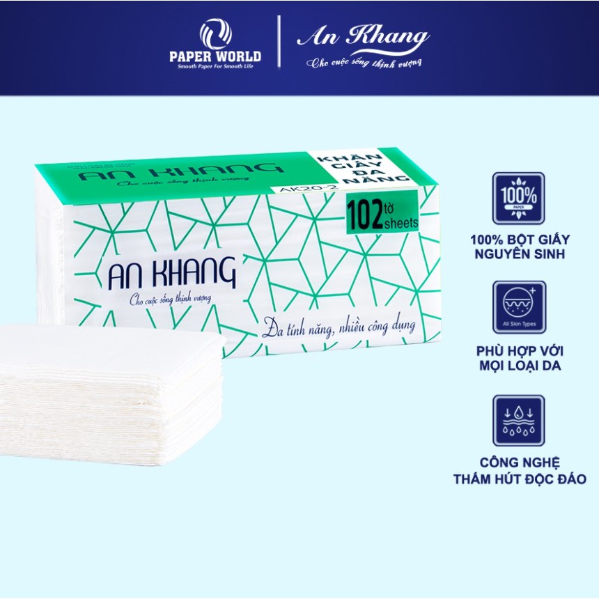 [COMBO AK20-2] Khăn giấy rút đa năng AN KHANG | Thế Giới Giấy - 100% bột giấy nguyên sinh, 102 tờ/2 lớp/1 gói