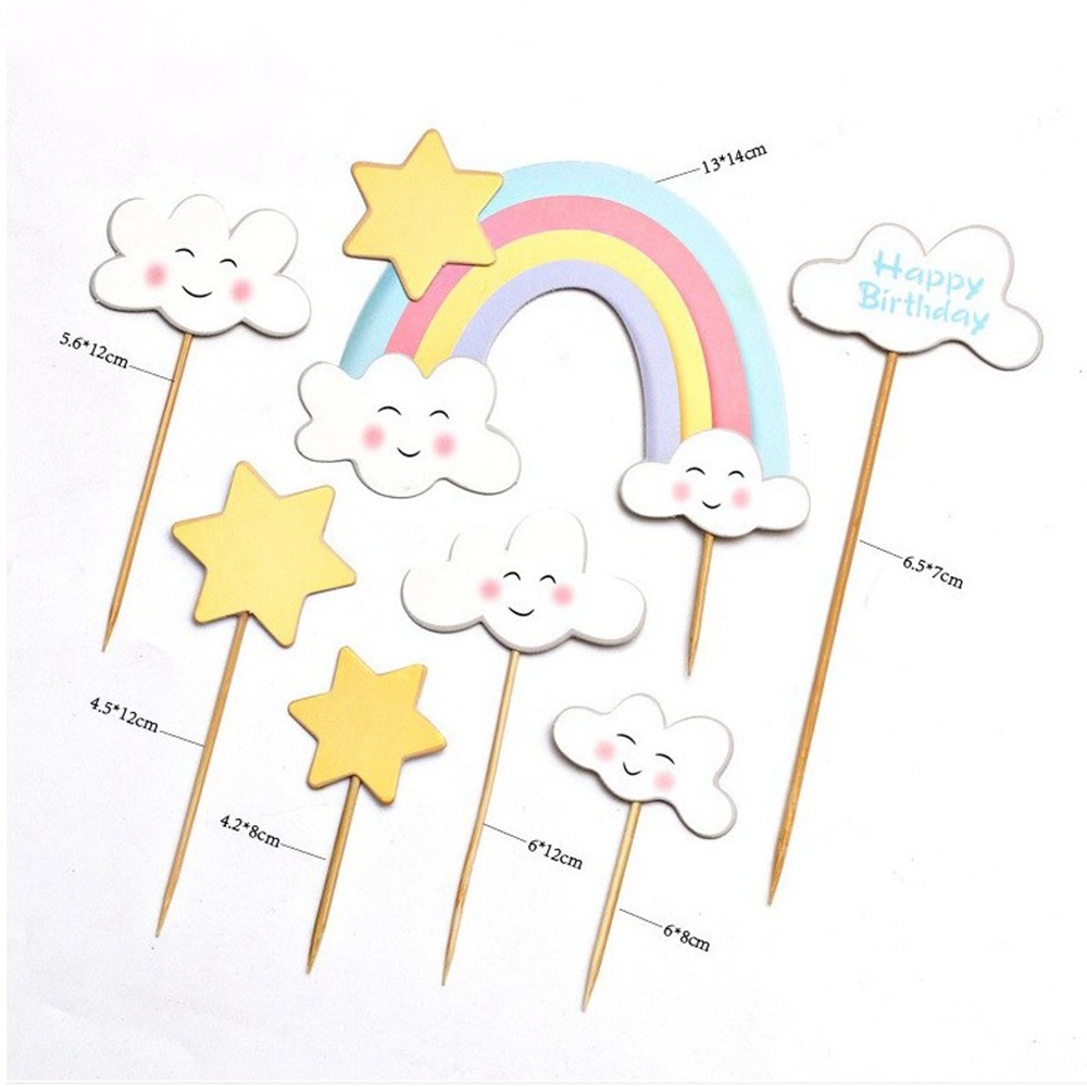 1 Set Phụ Kiện Thẻ Trang Trí Bánh Kem Sinh Nhật Hình Hoa/Mặt Cười/Đám Mây/Cầu Vồng Dễ Thương