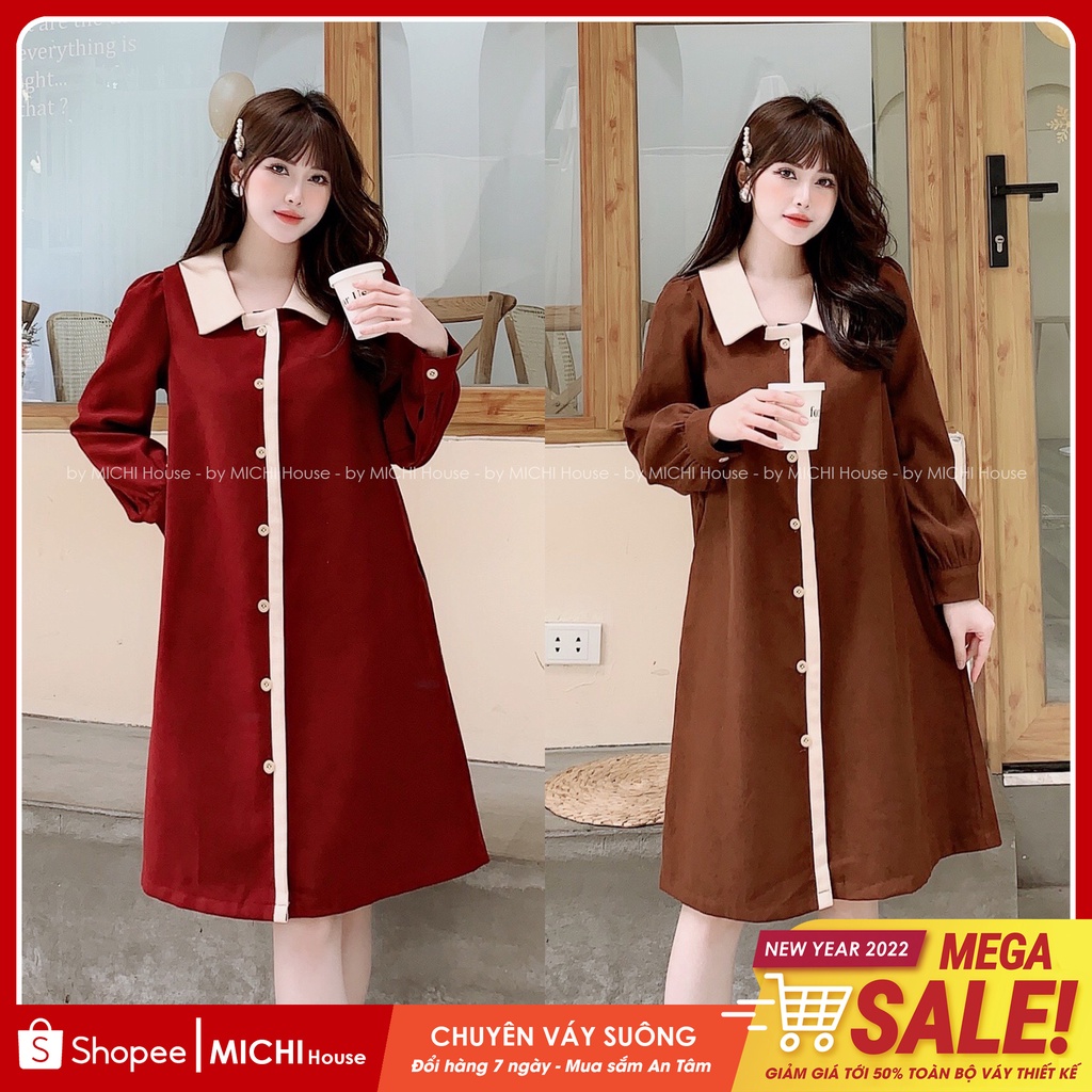 Đầm Suông Nhung Dáng Xuông Rộng MICHI House V333 Váy Xuông Thiết Kế Dài Tay Cổ Sơ Mi Dễ Mặc, Mặc Bầu Cũng Xinh