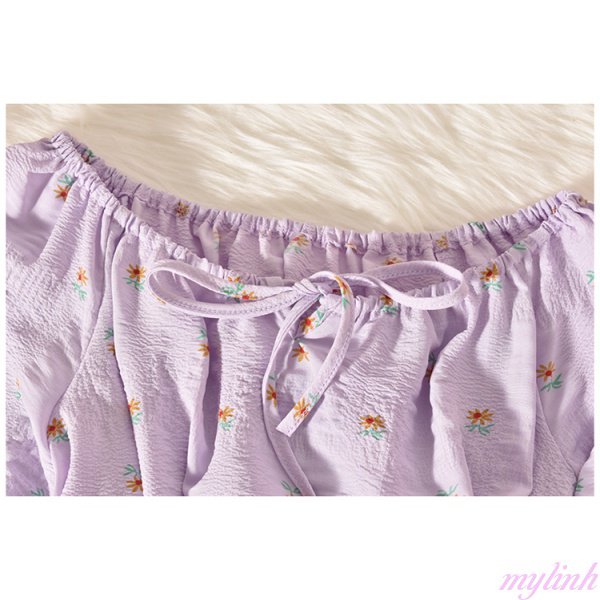 Áo sơ mi ngắn tay in hoa cúc nhỏ thắt nơ, áo sơ mi tay phồng