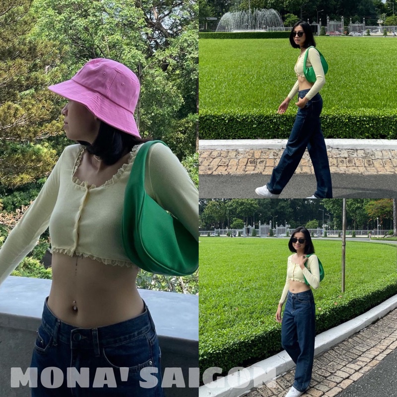 MONÁ - Áo croptop tay dài cài khuy phối ren - WENDY TOP