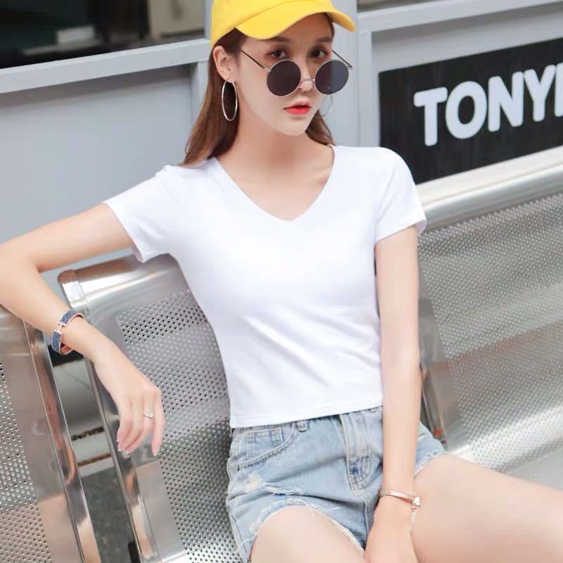 ▬Nữ áo thun ngắn cổ chữ v cotton tinh khiết tay màu đỏ ôm sát cơ thể khoe rốn cao eo thon gợi cảm phụ dài bó