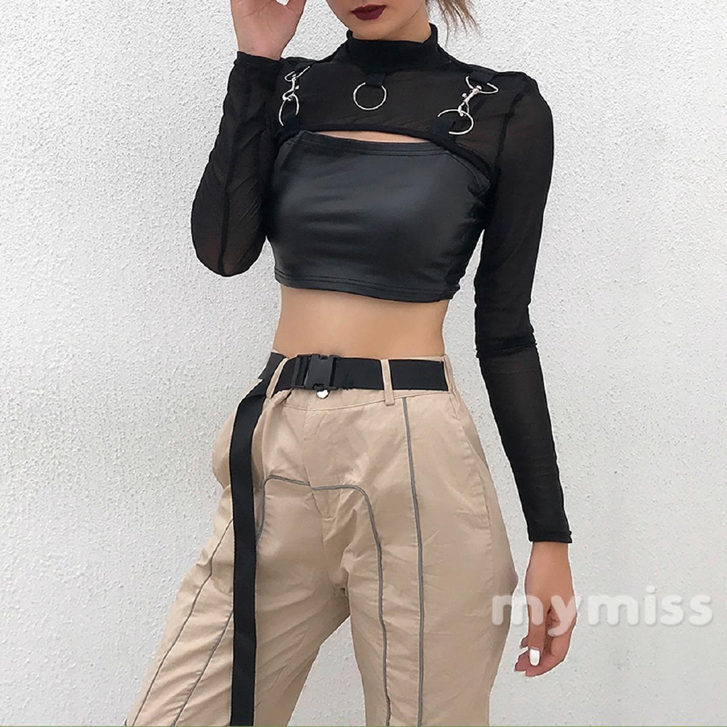 ♛♚♛Áo Croptop Tay Dài Cổ Tròn Xuyên Thấu Thời Trang Xuân Thu Quyến Rũ Cho Nữ