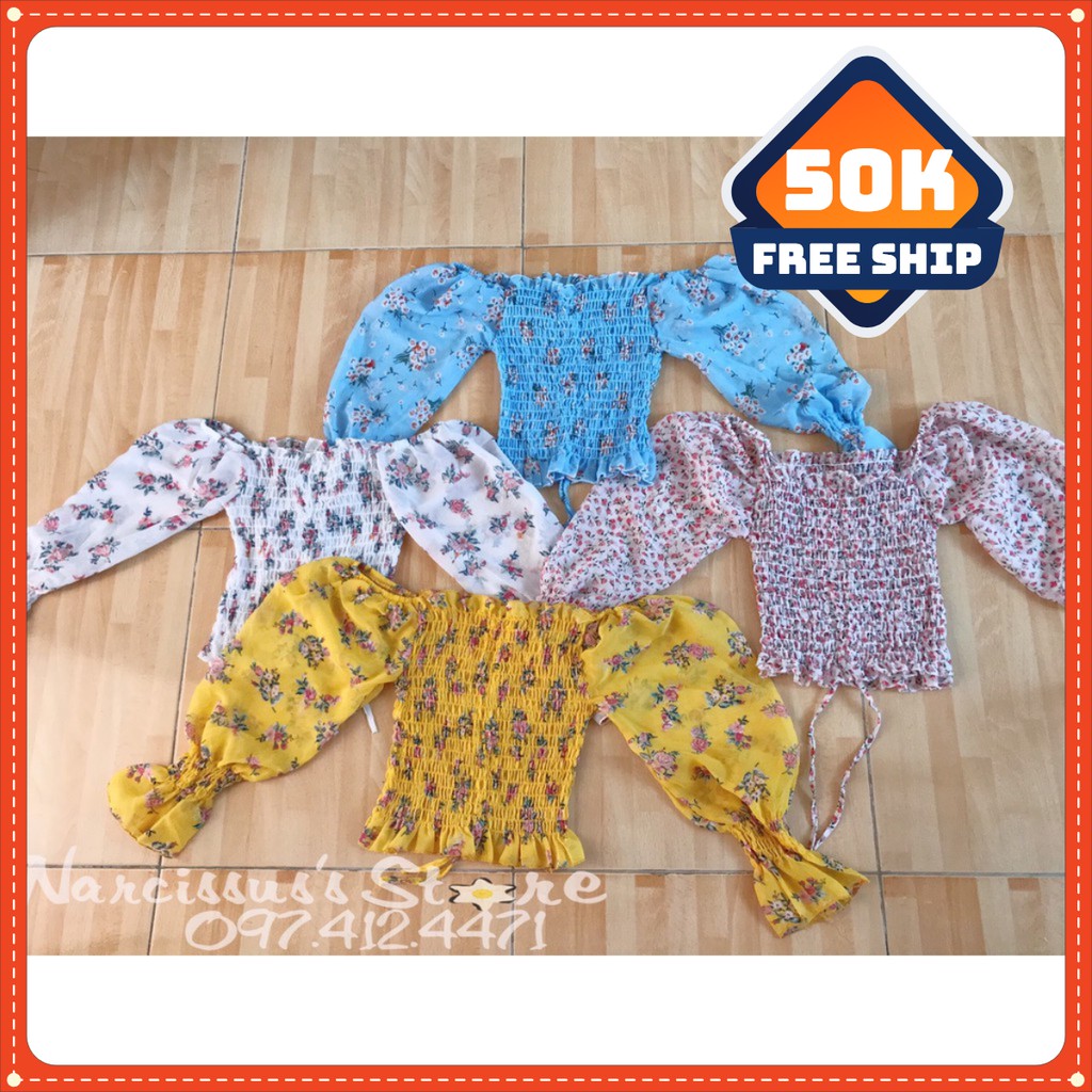 [Nhiều màu] ÁO HOA VOAN RÚT DÂY TAY DÀI (hàng thiết kế)