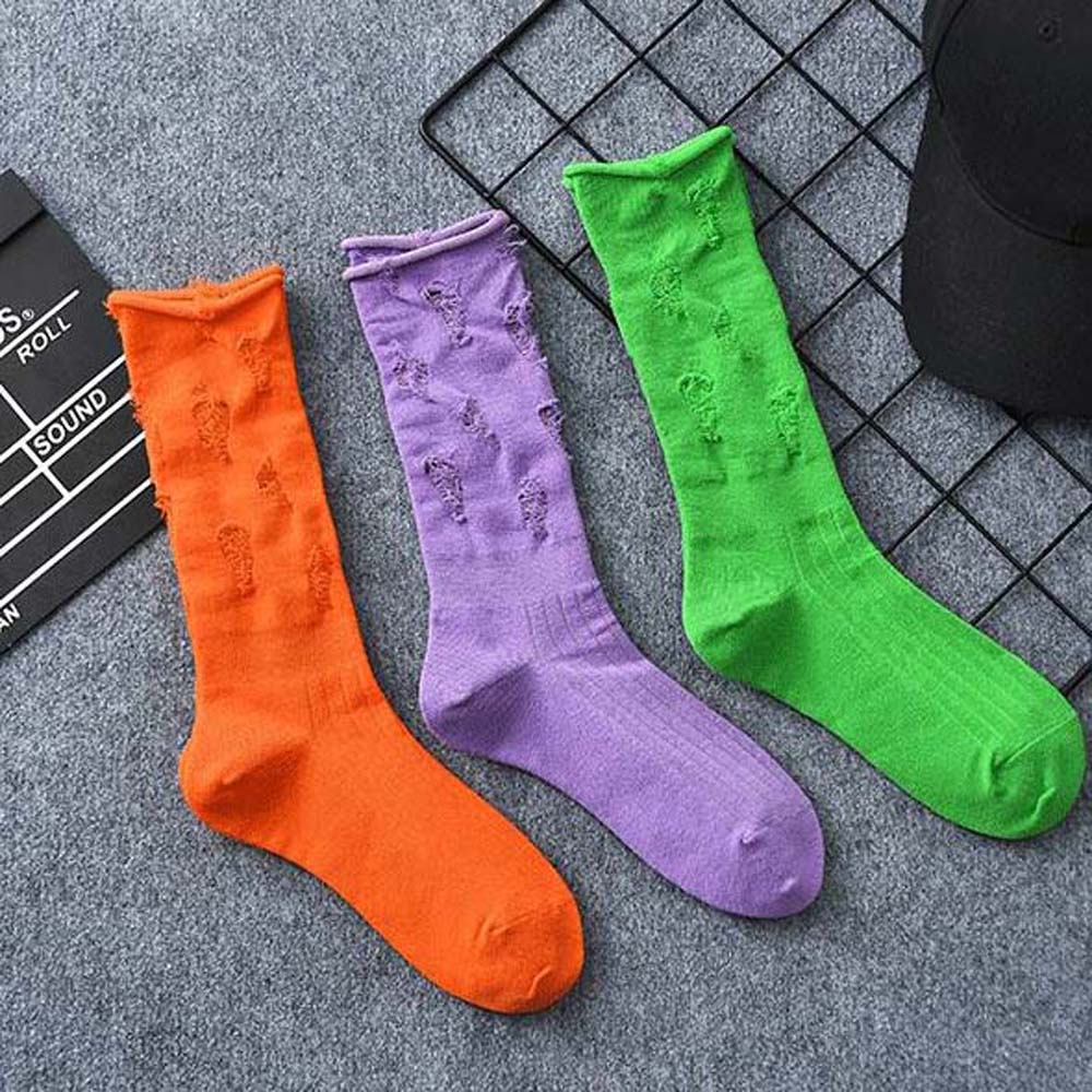 Vớ cotton mỏng màu kẹo rách lỗ cá tính phong cách Hàn Quốc dành cho nữ