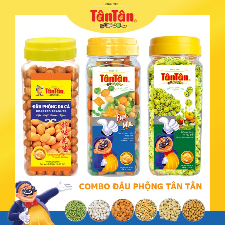Combo 3 hủ đậu phộng Tân Tân: ĐP da cá, Snack và Đậu Thập Cẩm, ĐP vị rau cải