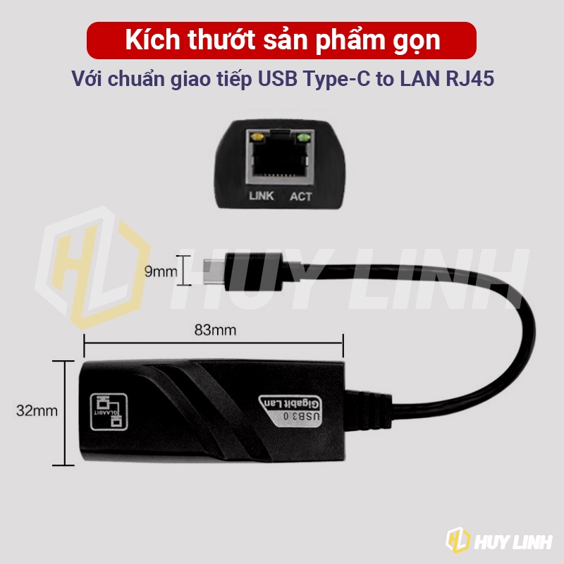 Cáp chuyển Type C ra Lan RJ45 Gigabit Ethernet 1000Mbps cho Laptop Macbook HL1311