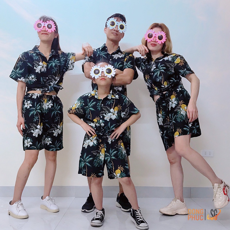 Đồ đi biển nam nữ nguyên bộ sơ mi hoạ tiết hoá lá đi biển đủ size bé trai gái và người lớn | DONGPHUCSG