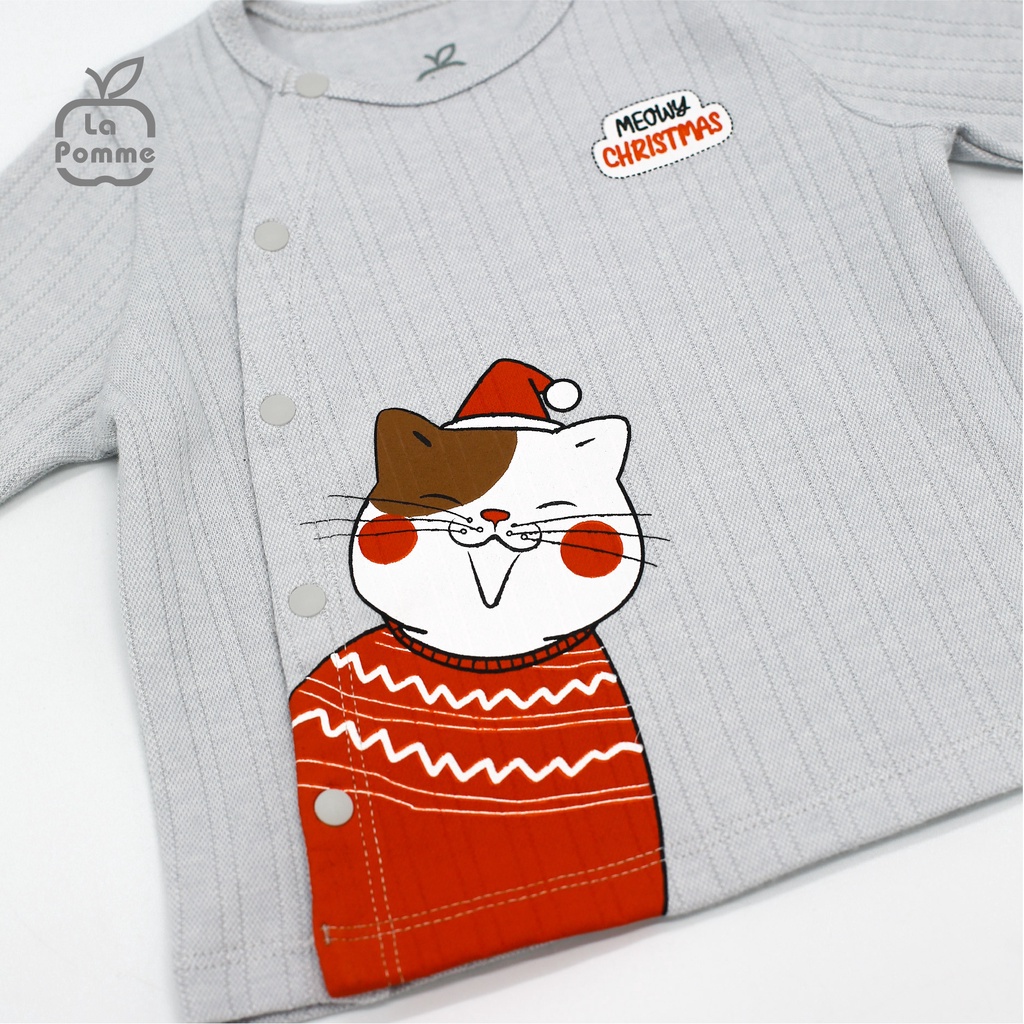 SLD058 Bộ dài tay La Pomme cúc lệch kẻ Ghi