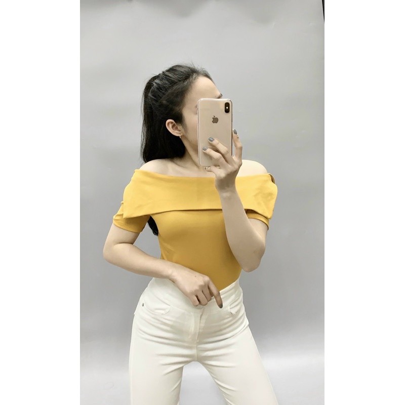 Áo thun kiểu bẹt vai tay cộc, Áo kiểu cổ ngang ngắn tay vải cotton co giãn CS1222 - NhiNhi Shop