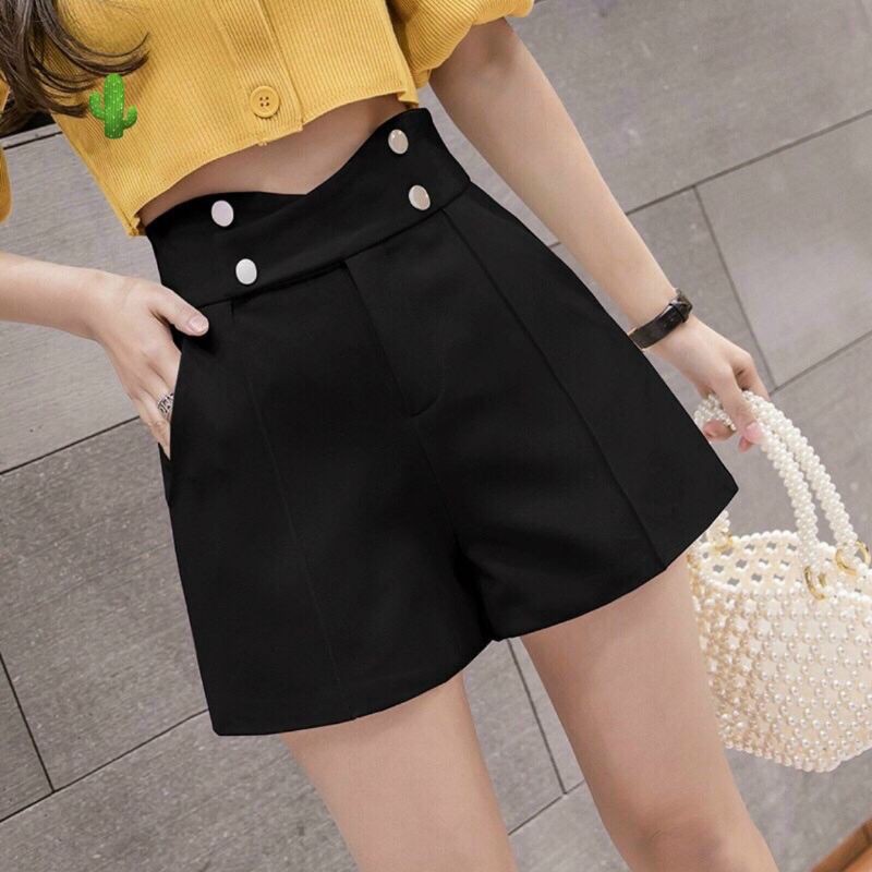 Quần short dùi nữ dạ cạp lưng cao 4 cút xếp li chất Tuyết Mưa