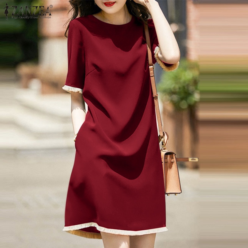 Đầm ren ZANZEA mini phối màu có túi phong cách đường phố Hàn Quốc thời trang cho nữ