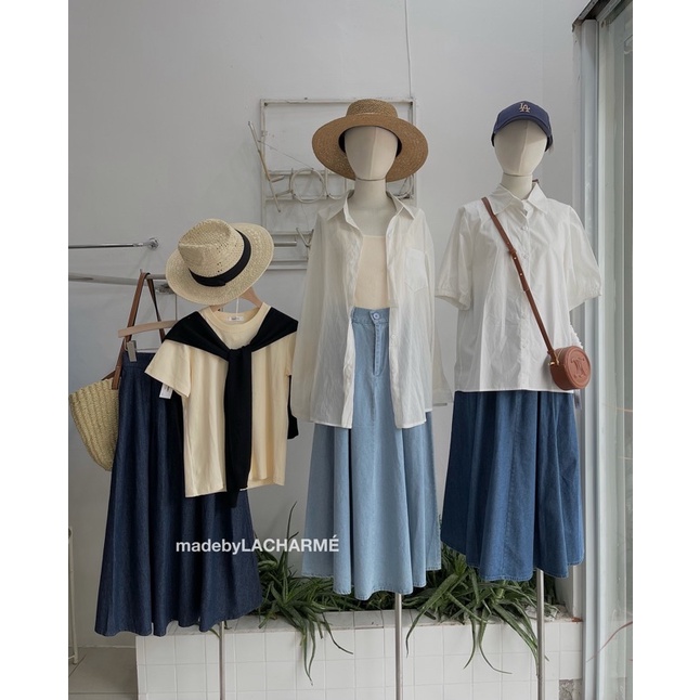 Chân váy denim chữ A cạp chun sau 1913