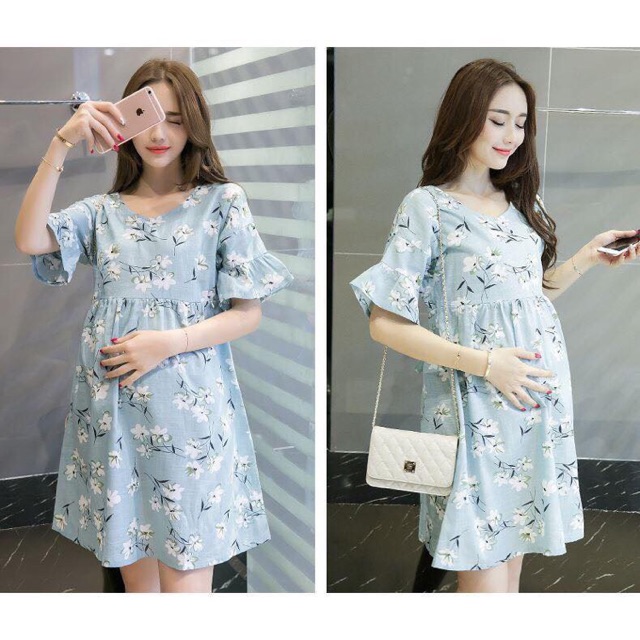 💗 Đầm Bầu Dáng Babydoll Họa Tiết Hoa Lá Siêu Xinh