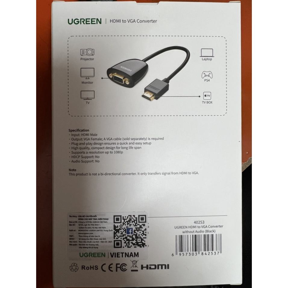 Cáp chuyển HDMI to VGA Chính hãng Ugreen 40253 giá Full Vat.