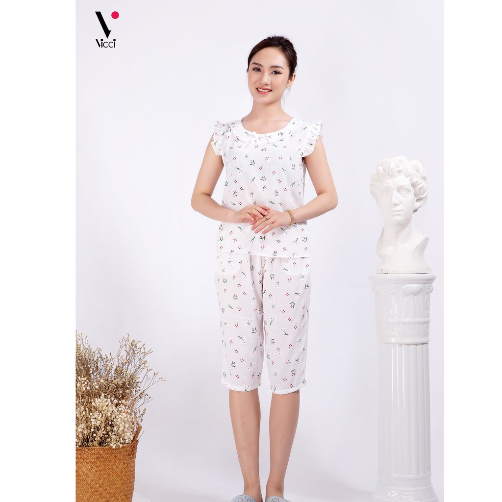 Bộ đũi lửng mặc nhà cao cấp Vicci BDT.01.3 họa tiết hoa nhí đỏ nền trắng