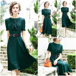 Đầm xoè nhẹ cổ nhún Tay Ngắn màu xanh KHÔNG Kèm Thắt Lưng