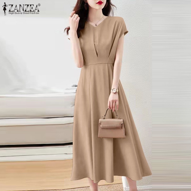 Đầm ZANZEA dáng dài tay ngắn cổ chữ V màu trơn thời trang cho nữ