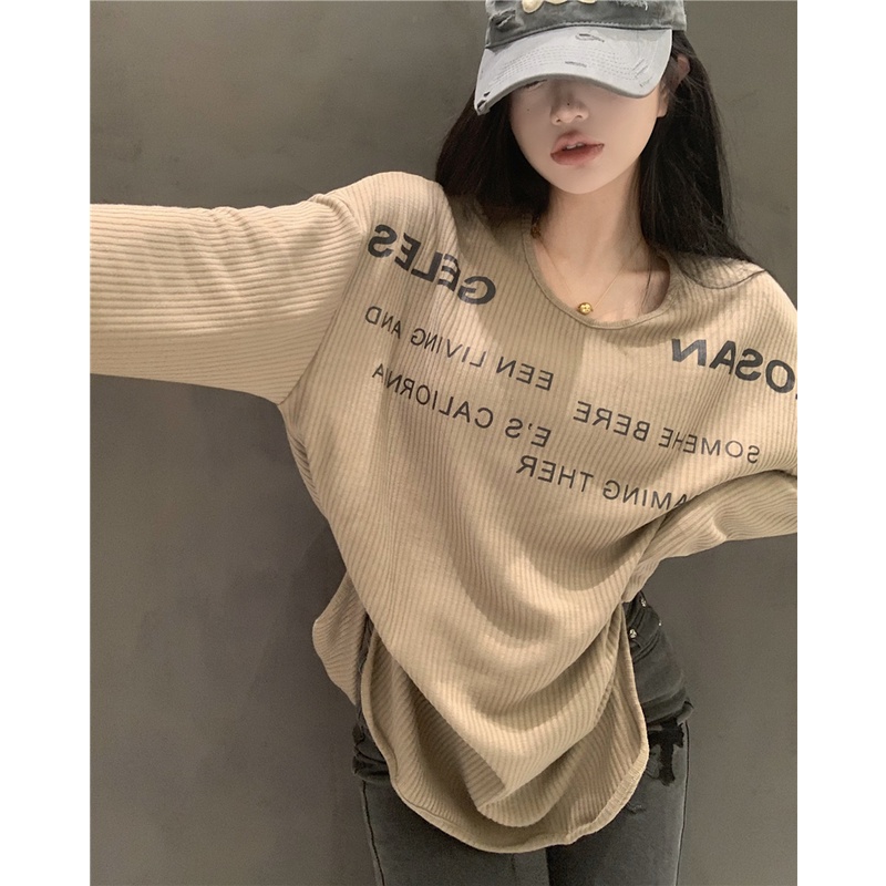 Áo Thun Tay Dài Dáng Rộng Xẻ Tà In Chữ Thời Trang Cho Nữ