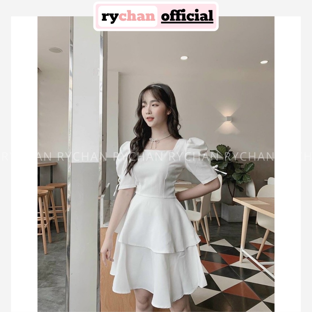 Đầm Xòe Cổ Vuông Tay Nơ Phồng 2 Tầng Nữ Tính 3 Màu Trắng Nude Đỏ [Ảnh Thật Cuối] - DX0092