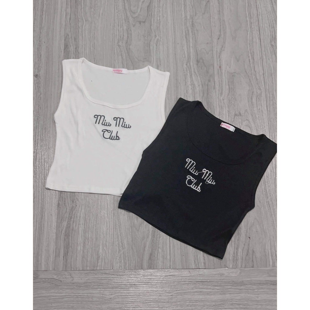 Áo 3 lỗ thêu miu miu nữ - Áo body dáng cộc phong cách vintage màu ĐEN | TRẮNG cá tính ulzzang