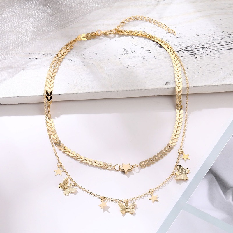 Korean New Style Butterfly Multi-layer Pendant Necklace Ins Hip-hop Square Piece Moon Map Gold Chain Jewelry