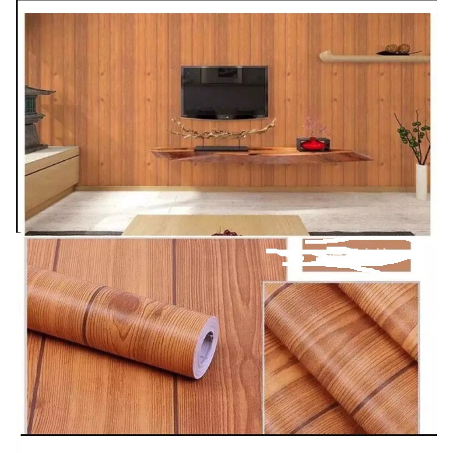 Cuộn 10Met giấy dán tường giả gỗ sọc Nâu Đậm có sẵn keo
