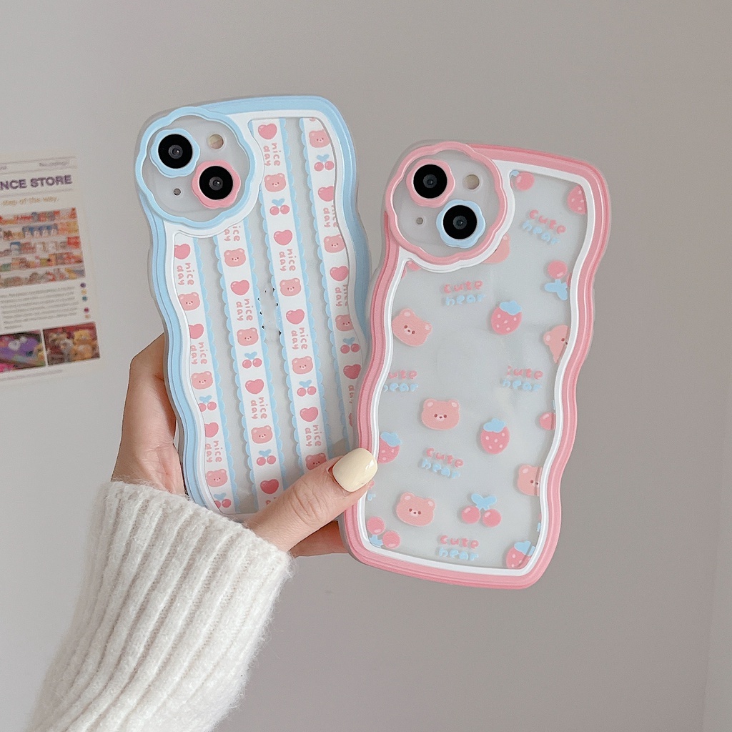 Ốp Điện Thoại Viền Lượn Sóng In Hình Gấu Dâu Tây Dễ Thương Cho Iphone 13 12 11 Pro Max X XS Max
