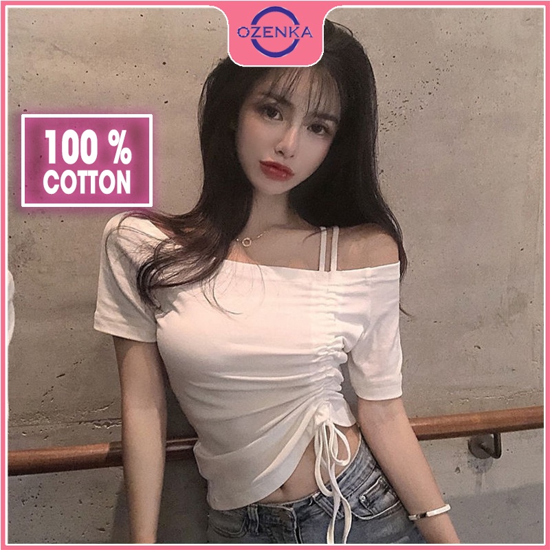 Áo croptop nữ trễ vai rút dây tay ngắn OZENKA , áo thun crt ôm body kiểu hàn quốc màu đen trắng gợi cảm dưới 50 cân